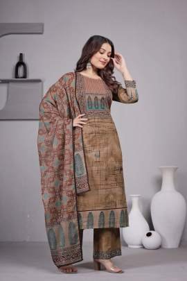 Beautiful Brown Kurti Pant Set With Dupatta 