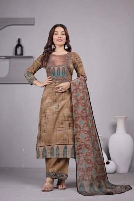 Beautiful Brown Kurti Pant Set With Dupatta