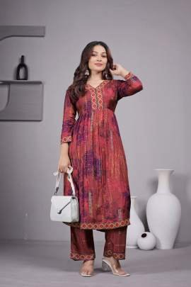 Beautiful Maroon Floral Silk Kurti Pant Set 