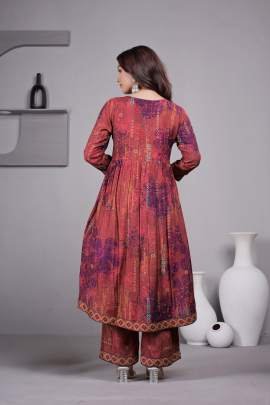 Beautiful Maroon Floral Silk Kurti Pant Set