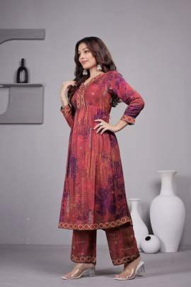Beautiful Maroon Floral Silk Kurti Pant Set