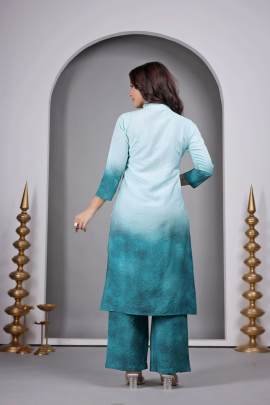 Designer Sky Blue Kurti Pant Set With Floral Print