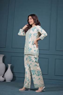 Elegent Beige Cord Set With Teal Floral Print