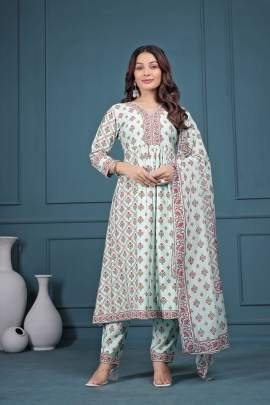 Floral Printed Empire Mirror Work Pure Cotton Anarkali Kurta With Trousers & Dupatta