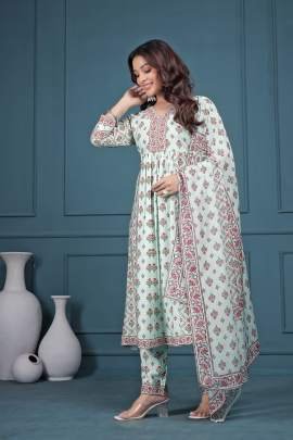Floral Printed Empire Mirror Work Pure Cotton Anarkali Kurta With Trousers & Dupatta
