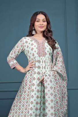 Floral Printed Empire Mirror Work Pure Cotton Anarkali Kurta With Trousers & Dupatta