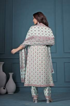 Floral Printed Empire Mirror Work Pure Cotton Anarkali Kurta With Trousers & Dupatta
