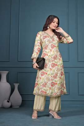 Printed Cream Floral Print Chinon Kurti