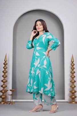 Turquoise Color Printed Kurti Pant Set 