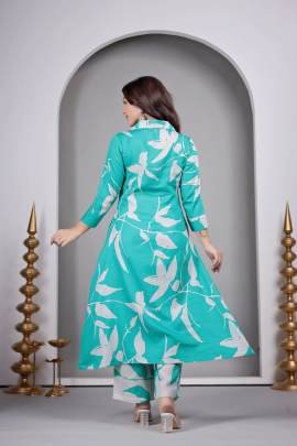 Turquoise Color Printed Kurti Pant Set