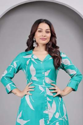 Turquoise Color Printed Kurti Pant Set